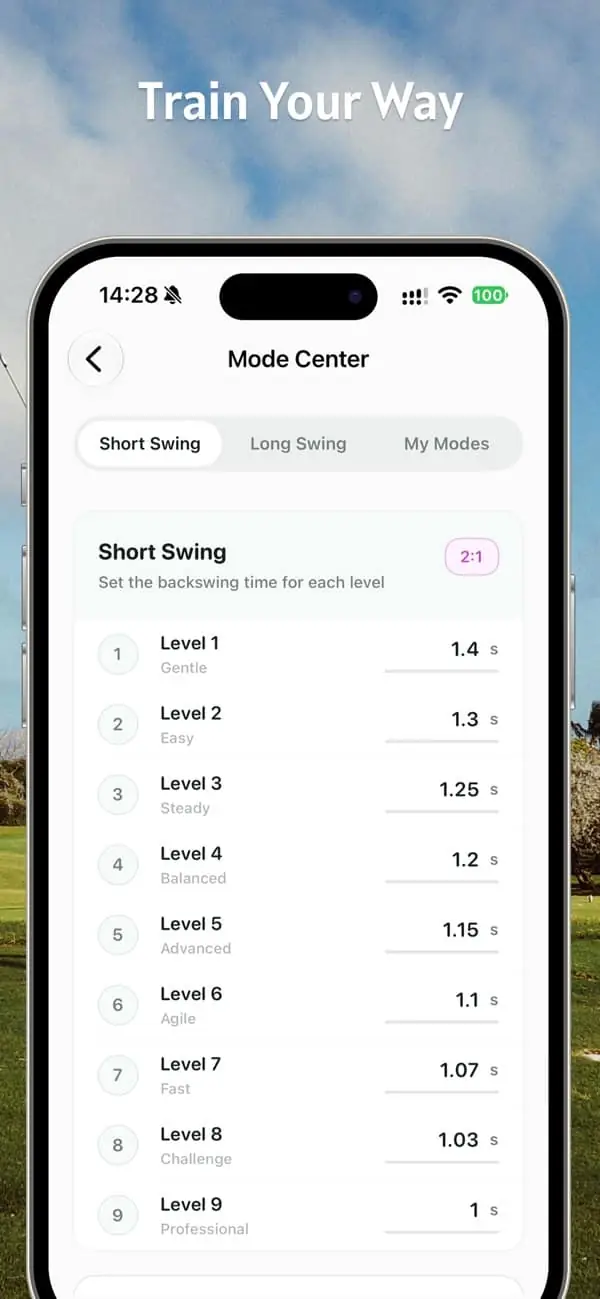 Golf Tempo Mode Center showing Short Swing, Long Swing, and My Modes tabs and nine short swing level settings