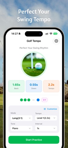 Golf Tempo app showing a 3:1 long swing, backswing and downswing timings, sound selection, and practice controls