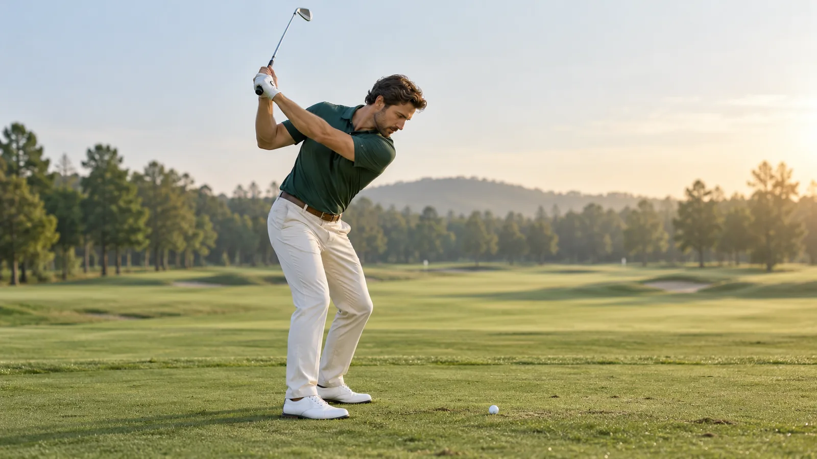 Golfer rehearsing a backswing on a practice range for golf swing tempo drills